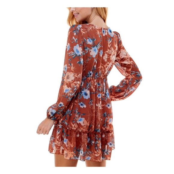 CITY STUDIO Womens Button Front Tiers Lined Long Sleeve Short Fit + Flare Dress - Picture 2 of 4